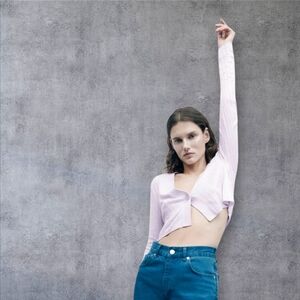 Zara Women's Lavender Ribbed Knit Single Button Cropped Cardigan Sweater